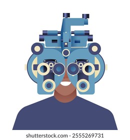 Ophthalmology. Eye Test and Prescription Glasses. Male Perform Eye Test Use Optometry Machine. Modern Flat Vector Illustration. Social Media Template.