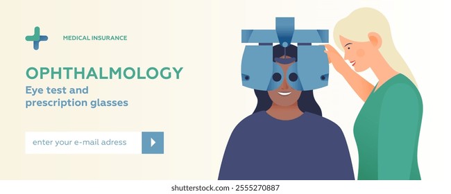 Ophthalmology. Eye Test and Prescription Glasses. Medical Specialist Hold Optometry Machine while Female Patient Perform Eye Test. Modern Flat Vector Illustration. Website Banner. 