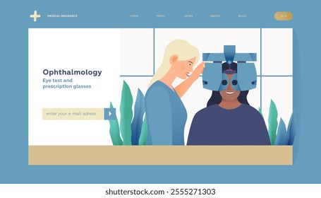 Ophthalmology. Eye Test and Prescription Glasses. Medical Specialist Hold Optometry Machine while Patient Perform Eye Test. Modern Flat Vector Illustration. Landing Page Template. Website Banner.