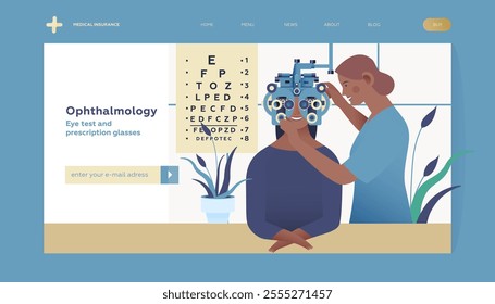 Ophthalmology. Eye Test and Prescription Glasses. Female Medical Specialist and Patient with Phoropter in Medical Office. Modern Flat Vector Illustration. Landing Page Template. Website Banner.