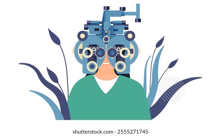 Ophthalmology. Eye Test and Prescription Glasses. Female Perform Eye Test Use Optometry Machine on Abstract Background. Modern Flat Vector Illustration. Social Media Template.