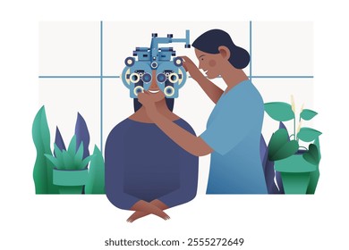 Ophthalmology. Eye Test and Prescription Glasses. Female Medical Specialist and Patient with Phoropter in Medical Office. Modern Flat Vector Illustration. Social Media Template.