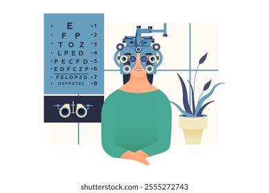 Ophthalmology. Eye Test and Prescription Glasses. Female Patient with Phoropter in Medical Office. Modern Flat Vector Illustration. Social Media Template.