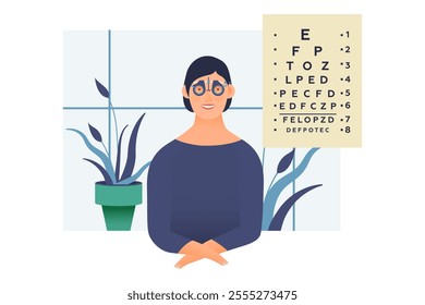 Ophthalmology. Eye Test and Prescription Glasses. Female Patient with Adjustable Optical Trial Lens in Medical Office. Modern Flat Vector Illustration. Social Media Template.