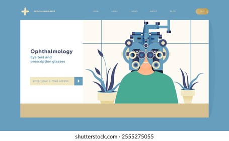 Ophthalmology. Eye Test and Prescription Glasses. Female Perform Eye Test Use Optometry Machine in Medical Office. Modern Flat Vector Illustration. Landing Page Template. Website Banner.