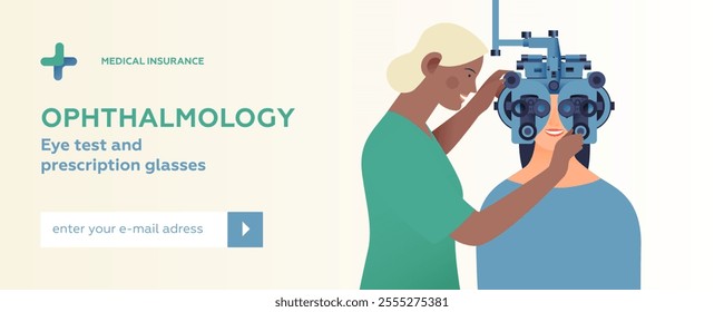 Ophthalmology. Eye Test and Prescription Glasses. Female Medical Specialist and Patient with Phoropter. Modern Flat Vector Illustration. Website Banner. Social Media Template.