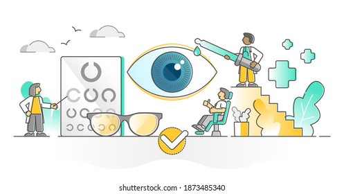 Ophthalmology as eye vision checkup, diagnosis or sight correction outline concept. Optical health specialist vector illustration. Medic oculist occupation work with pill drops or glasses prescription