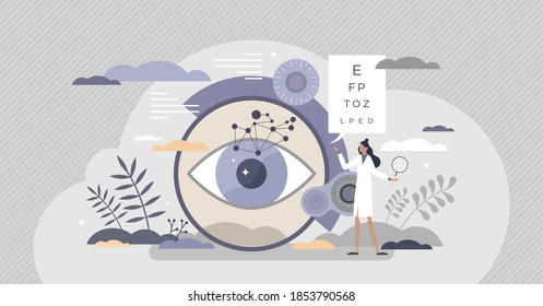 Ophthalmology As Eye And Vision Healthcare Occupation Tiny Person Concept. Medical Sight Checkup, Diagnosis And Look Treatment Vector Illustration. Optical Lens Examination And Retina Correction Scene