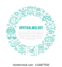 Ophthalmology, Eyes Health Care Circle Porter With Line Icons. Optometry Equipment, Contact Lenses, Eye Glasses, Doctor. Vision Correction Brochure Signs For Oculist Clinic.