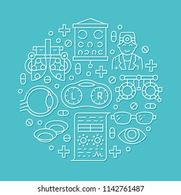 Ophthalmology, eyes health care circle porter with line icons. Optometry equipment, contact lenses, eye glasses, doctor, orb. Vision correction brochure signs for oculist clinic.