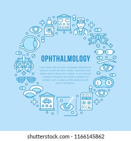 Ophthalmology, eyes health care circle porter with line icons. Optometry equipment, contact lenses, eye glasses, doctor. Vision correction brochure signs for oculist clinic.