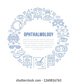 Ophthalmology, eyes health care circle porter with line icons. Optometry equipment, contact lenses, eye glasses, doctor. Vision correction brochure signs for oculist clinic.