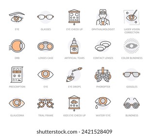 Oftalmología, ojos iconos de la línea de atención de salud. Equipo de optometría, lentes de contacto, gafas, ceguera. Corrección de visión de los signos lineales delgados para la clínica oculista. Color naranja. Stroke Editable