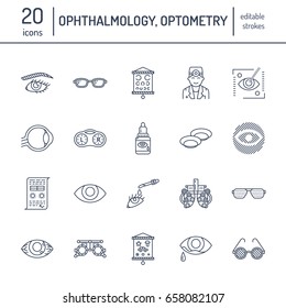 Ophthalmology, eyes health care line icons. Optometry equipment, contact lenses, glasses, blindness. Vision correction thin linear signs for oculist clinic.