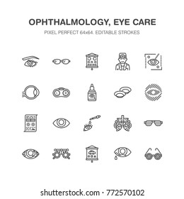 Ophthalmology, eyes health care line icons. Optometry equipment, contact lenses, glasses, blindness. Vision correction thin linear signs for oculist clinic. Pixel perfect 64x64.