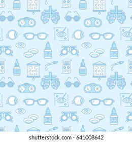 Ophthalmology, eyes health care seamless pattern, medical vector blue background. Optometry equipment, contact lenses, glasses line icons. Vision correction repeated illustration for oculist clinic.