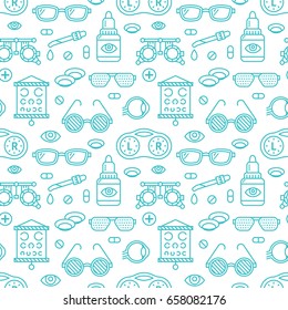 Ophthalmology, eyes health care seamless pattern, medical vector blue background. Optometry equipment, contact lenses, glasses line icons. Vision correction repeated illustration for oculist clinic.