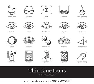 Ophthalmology, eyes health care thin line icons. Vector linear pictograms collection related to vision correction, contact lenses, glasses. Icon set isolated on white background. Editable strokes.