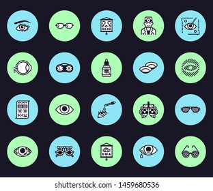 Ophthalmology, eyes health care vector line icons. Optometrist equipment, contact lenses, glasses, blindness, laser surgery. Vision correction thin linear signs for oculist clinic.