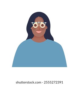 Ophthalmology. Female Patient with Adjustable Optical Trial Lens. Modern Flat Vector Illustration. Social Media Template.