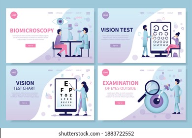 Ophthalmology flat app web site cards set of horizontal banners with clickable links and doctor characters vector illustration