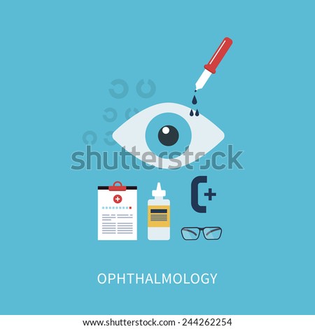 Ophthalmology flat concept, icons set vector illustration in flat style