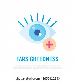 Ophthalmology flat icon: farsightedness. Human eye with plus sign. Modern vector illustration.