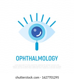 Ophthalmology flat icon. Human eye under magnifier. Logo for vision correction clinic. Vector illustration.