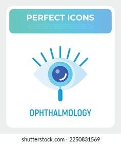 Icono plano de oftalmología. Ojo humano bajo lupa. Logo para la clínica de corrección visual. Ilustración vectorial.