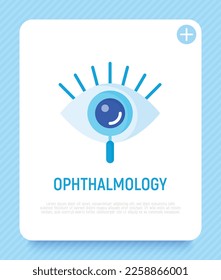 Ophthalmology flat icon. Human eye under magnifier. Logo for vision correction clinic. Vector illustration.