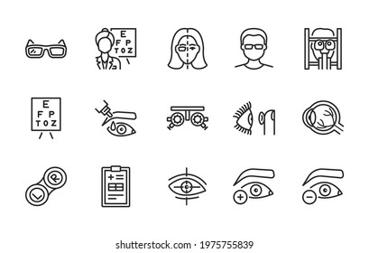 Ophthalmology flat line icon set. Vector illustration vision treatment. Examination in an ophthalmological clinic. Editable strokes