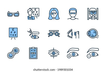 Ophthalmology flat line icon set blue color. Vector illustration vision treatment. Examination in an ophthalmological clinic. Editable strokes