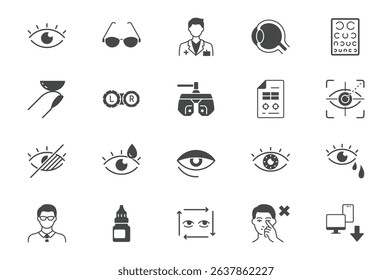 Ophthalmology glyph icon set. Vector pictograms include icon - contact lens, eyeball, glasses, blindness, eye check, black sign silhouette illustration for optometrist equipment.