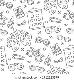 Ophthalmology Hand Drawn Seamless Pattern. Contact Lens, Glasses, Phoropter And More. Optometry Doodle Objects. Vector Illustration On White Background