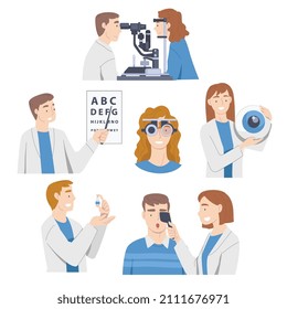 Ophthalmology with Health Care Professional Engaged in Eye Examination and Sight Test Vector Set