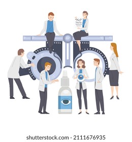 Ophthalmology with Health Care Professional Near Huge Refractometer Engaged in Eye Examination and Sight Test Vector Illustration