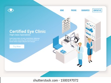 Ophthalmology horizontal isometric banner with eye clinic doctors and text field 3d vector illustration