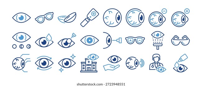 Ophthalmology icon collection. Containing design Eye, Glasses, Contact Lens, Ophthalmoscope, Cornea, Retina
