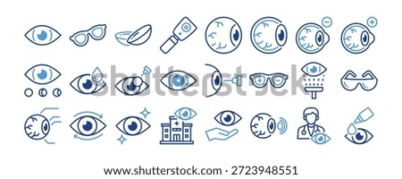 Ophthalmology icon collection. Containing design Eye, Glasses, Contact Lens, Ophthalmoscope, Cornea, Retina
