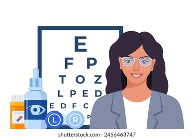 Ophthalmology icon composition. Glasses, eye drops, contact lenses, test table with letters for eye examination. Vision correction. Ophthalmology concept