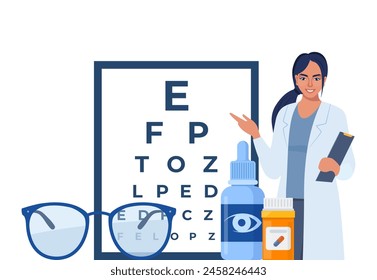 Ophthalmology icon composition. Glasses, eye drops, contact lenses, test table with letters for eye examination. Vision correction. Ophthalmology concept