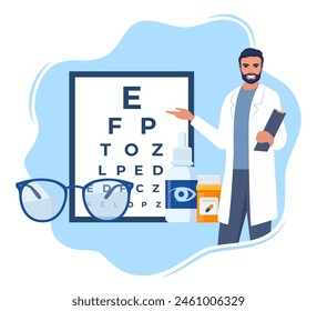 Ophthalmology icon composition. Glasses, eye drops, contact lenses, test table with letters for eye examination. Vision correction. Ophthalmology concept