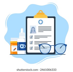 Composición del icono de oftalmología. Gafas, gotas para los ojos, lentes de contacto, mesa de pruebas con letras para el examen ocular. Corrección de visión. Concepto de oftalmología