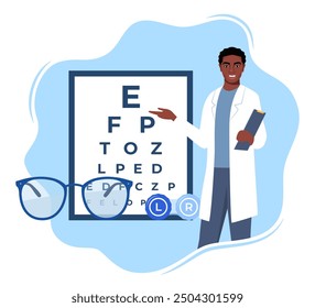 Composición del icono de oftalmología. Gafas, gotas para los ojos, lentes de contacto, mesa de prueba con letras para el examen ocular. Corrección de la visión. Concepto de oftalmología