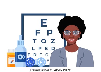 Composición del icono de oftalmología. Gafas, gotas para los ojos, lentes de contacto, mesa de prueba con letras para el examen ocular. Corrección de la visión. Concepto de oftalmología