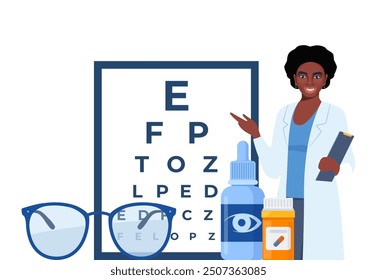 Composición del icono de oftalmología. Gafas, gotas para los ojos, lentes de contacto, mesa de prueba con letras para el examen ocular. Corrección de la visión. Concepto de oftalmología