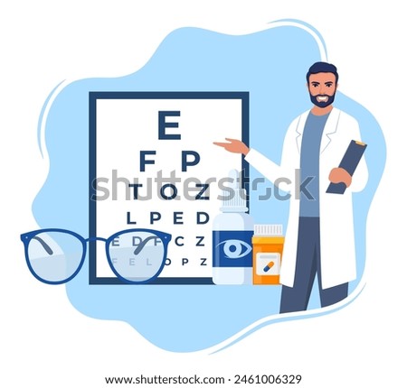 Ophthalmology icon composition. Glasses, eye drops, contact lenses, test table with letters for eye examination. Vision correction. Ophthalmology concept