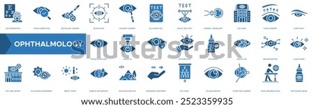 Ophthalmology icon. Eye Examination, Vision Correction, Ophthalmic Surgery, Retina Scan and Cataract Surgery