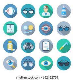 Ophthalmology icon set. Clinic poster, diseases of the eyeball and orbit, anatomy education collection. Vector flat style cartoon illustration isolated on white background