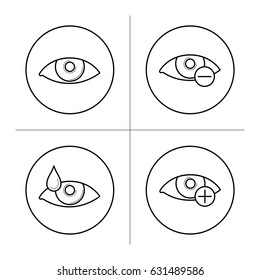 Ophthalmology icons with eyes in thin line style. Symbols of myopia and hyperopia. Eyesight illness, vision correction. Vector outline illustrations isolated on white background.